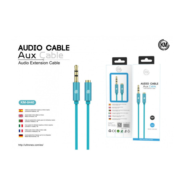 KM-8440 CABLE AUDIO JACK 3.5MM 3PIN MACHO A HEMBRA TPE [AZUL]