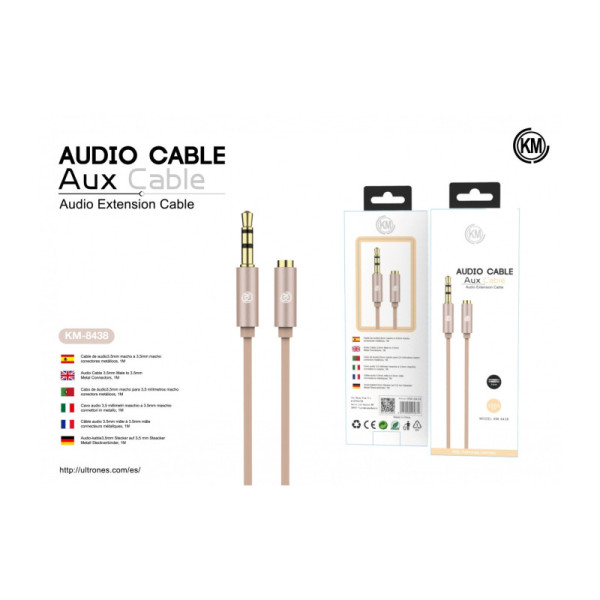 KM-8438 CABLE AUDIO JACK 3.5MM 3PIN MACHO A HEMBRA TPE [DORADO]