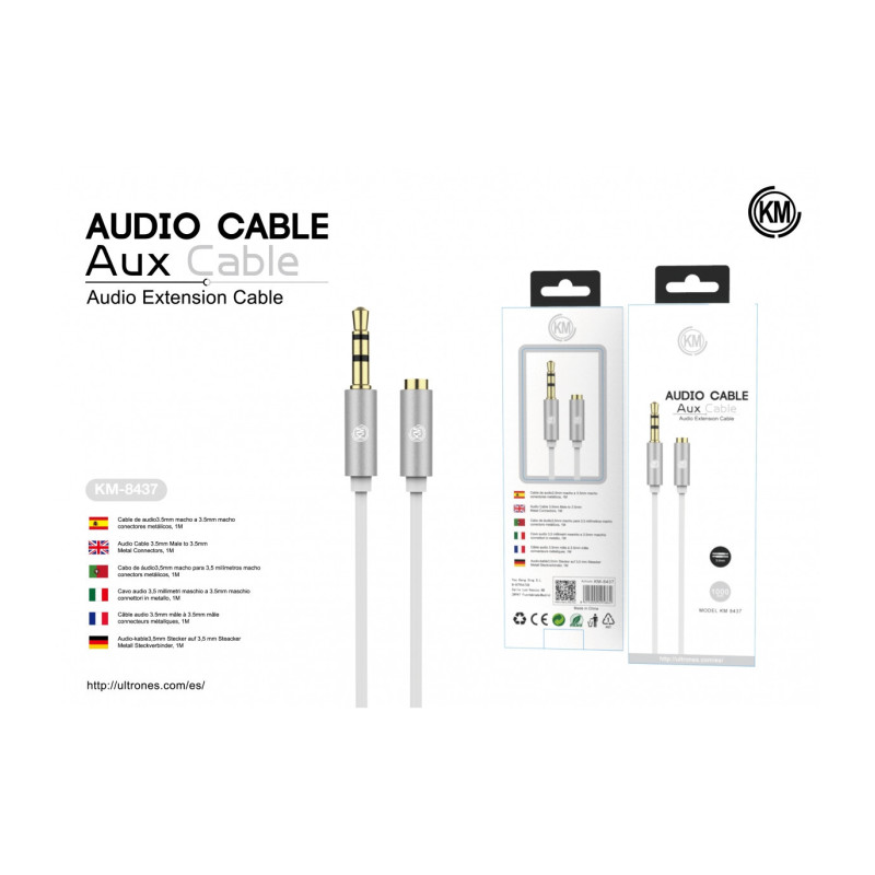 KM-8437 CABLE AUDIO JACK 3.5MM 3PIN MACHO A HEMBRA TPE [BLANCO]