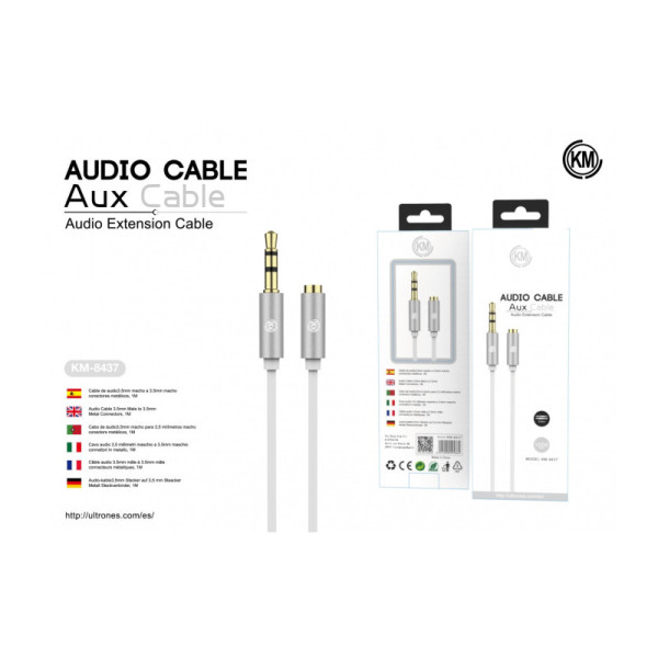 KM-8437 CABLE AUDIO JACK 3.5MM 3PIN MACHO A HEMBRA TPE [BLANCO]