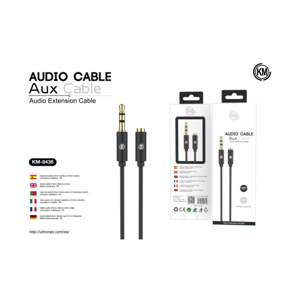 KM-8436 CABLE AUDIO JACK 3.5MM 3PIN MACHO A HEMBRA TPE [NEGRO]