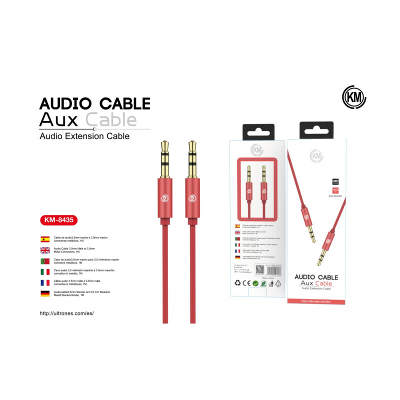KM-8435 CABLE AUDIO JACK 3.5MM 3PIN MACHO A MACHO [ROJO]