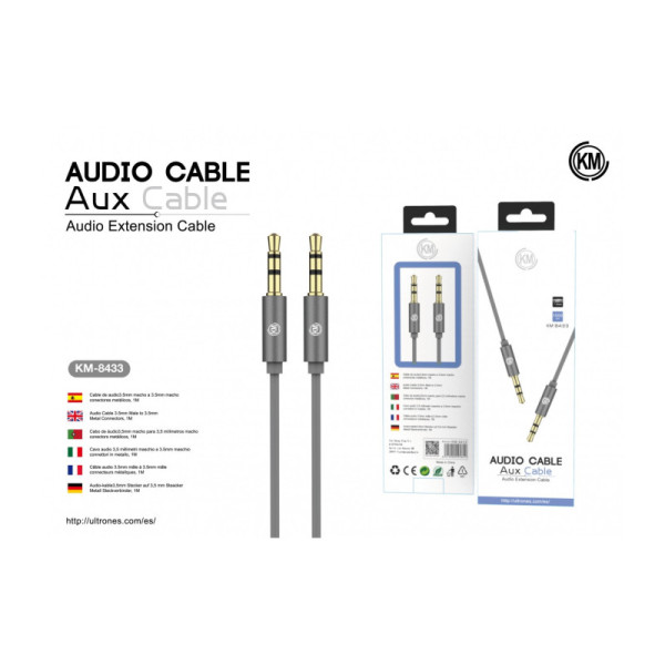 KM-8433 CABLE AUDIO JACK 3.5MM 3PIN MACHO A MACHO [GRIS]