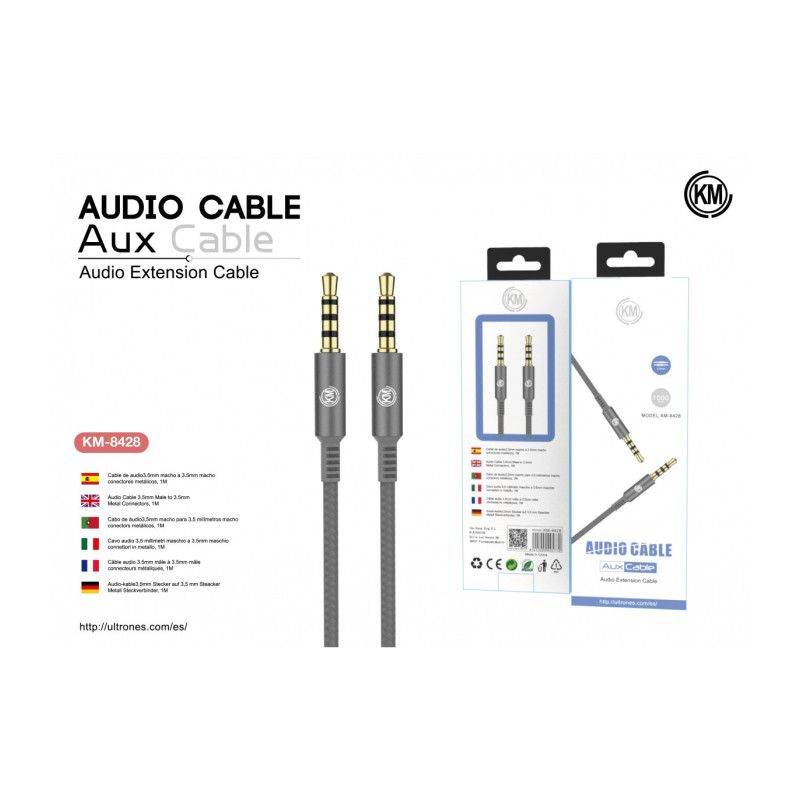 KM-8428 CABLE AUDIO JACK 3.5MM 4PIN MACHO A MACHO [GRIS]