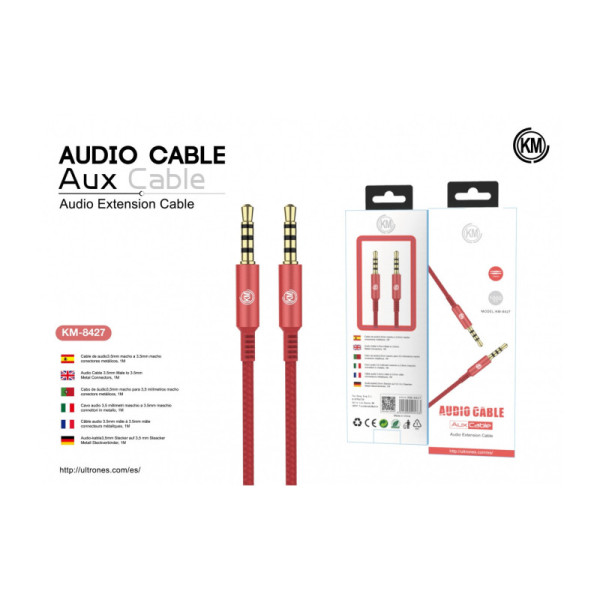 KM-8427 CABLE AUDIO JACK 3.5MM 4PIN MACHO A MACHO [ROJO]