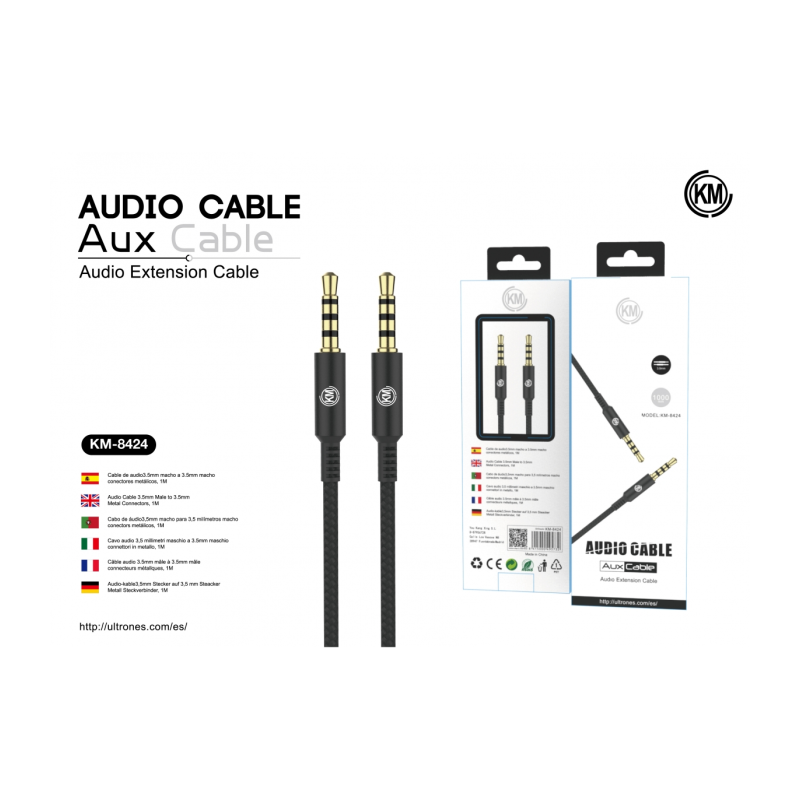 KM-8424 CABLE AUDIO JACK 3.5MM 4PIN MACHO A MACHO 1M [NEGRO]