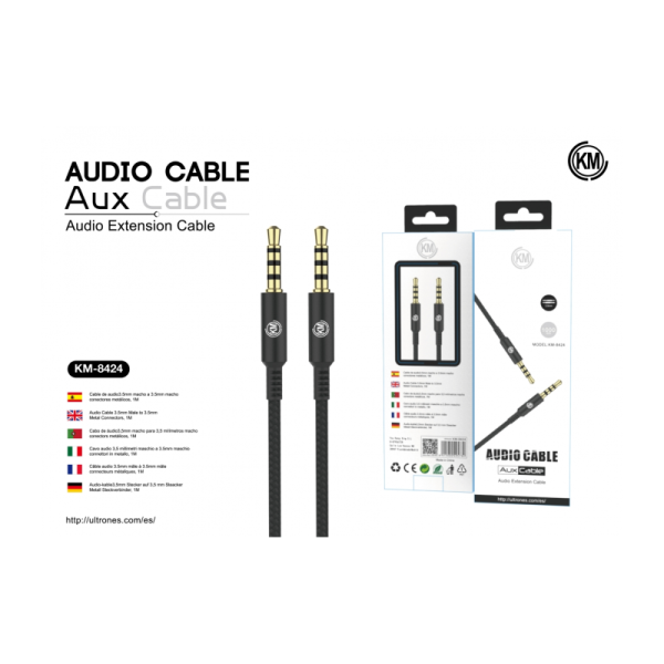 KM-8424 CABLE AUDIO JACK 3.5MM 4PIN MACHO A MACHO 1M [NEGRO]