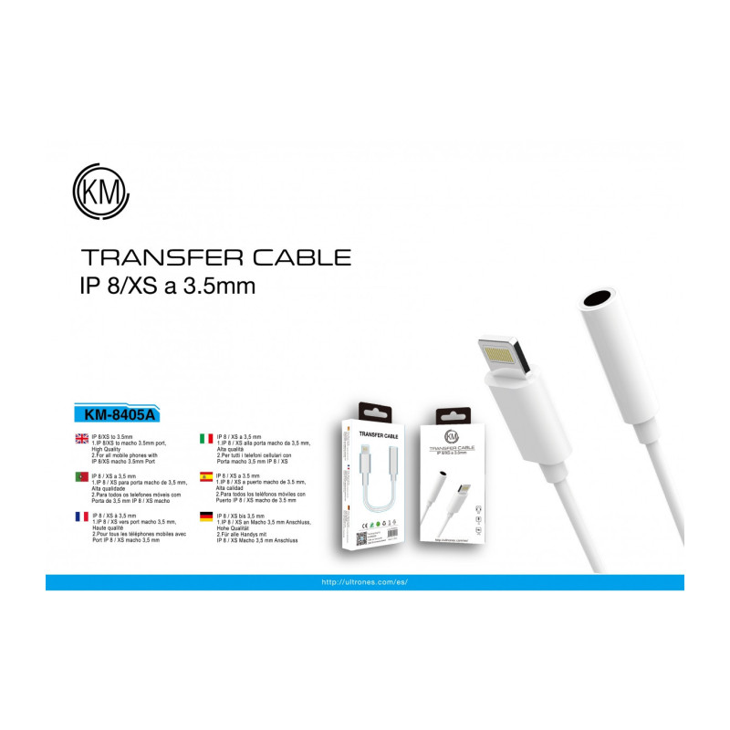 KM-8405A ADAPTADOR CABLE LIGHTNING MACHO A HEMBRA JACK 3.5MM 4PIN BLUETOOTH