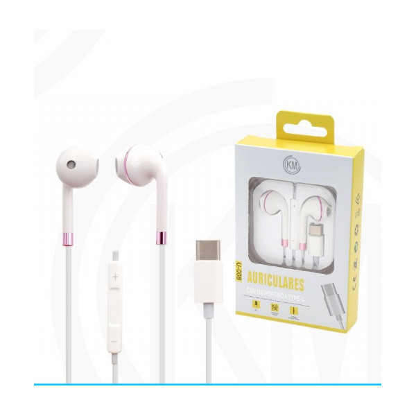 KM-U008 AURICULARES CABLE TYPE-C Rosa Mate(Funciona Para Version Vieja)