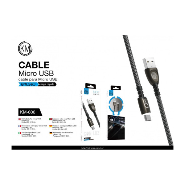 KM-606 CABLE MICRO-USB ZINC LUZ TACTIL 3A