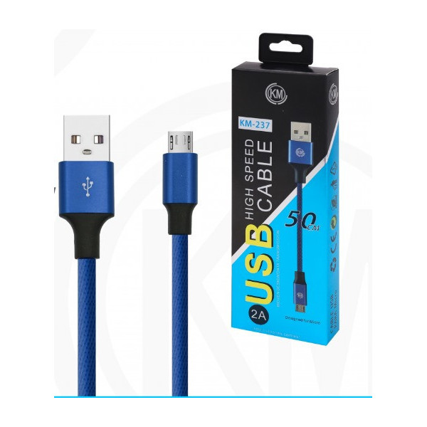 KM-237 CABLE MICRO-USB 50CM TRENZADO [AZUL]