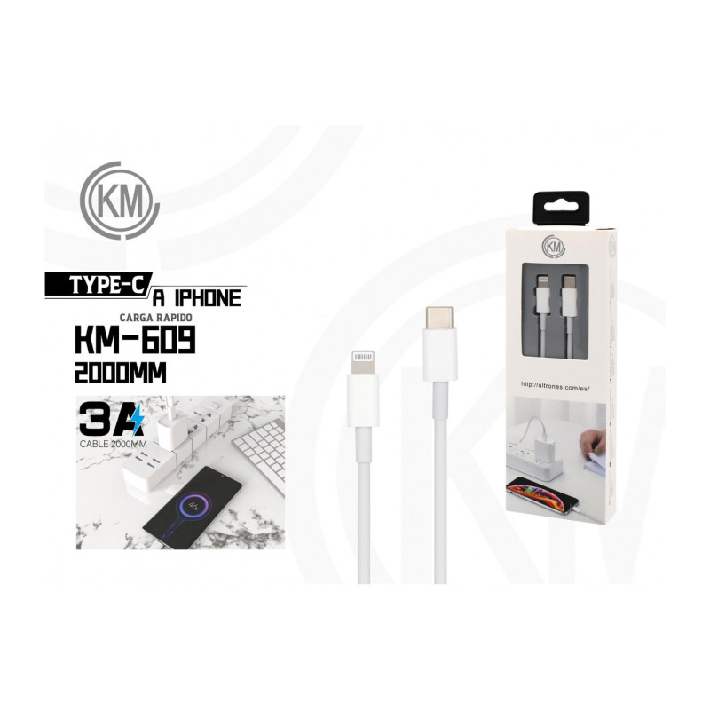KM-609 CABLE TYPE-C A LIGHTNING 2M 3A