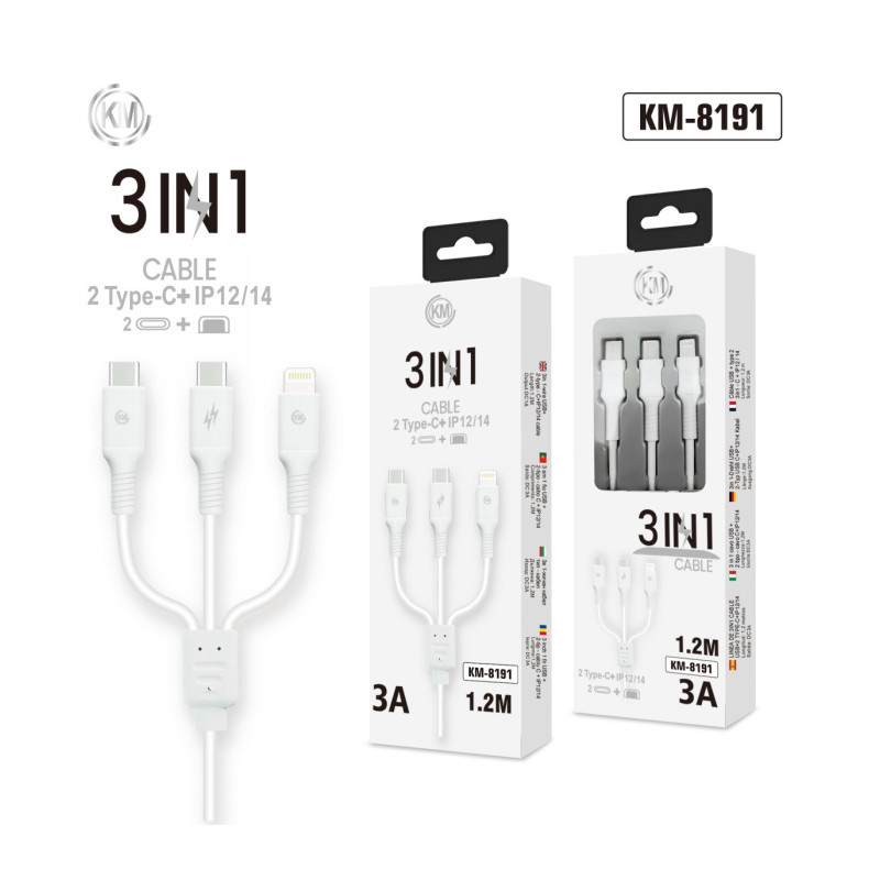 KM-8191 CABLE 3-IN-1 TYPE-C*2 LIGHTNING*1
