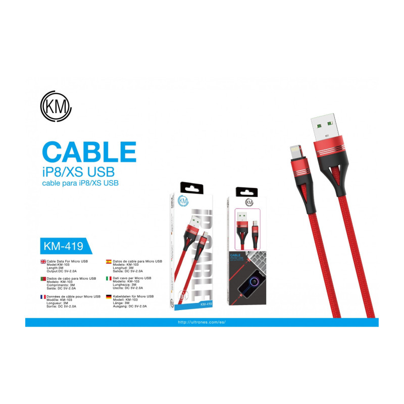 KM-419 CABLE LIGHTNING TRENZADO NYLON [ROJO]