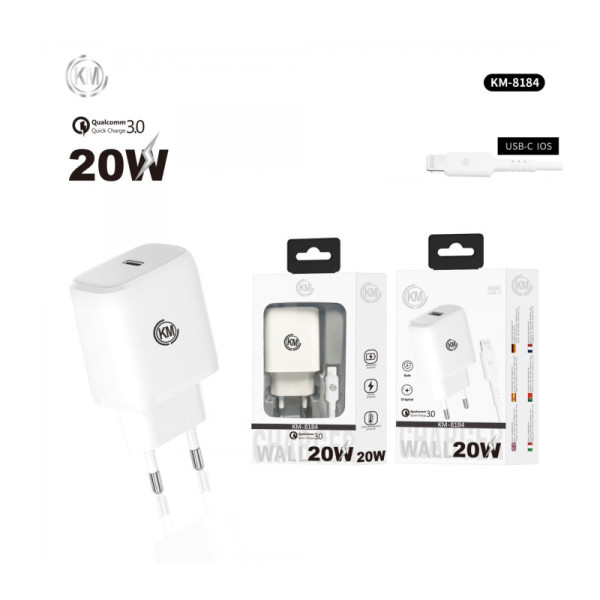 KM-8184 CARGADOR PARED 20W CABLE LIGHTNING