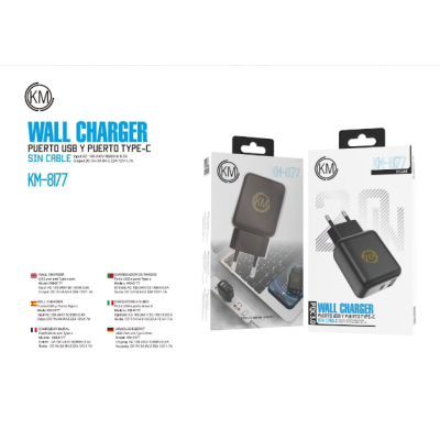KM-8177 CARGADOR PARED 20W PUERTO_A+C SIN CABLE [NEGRO]