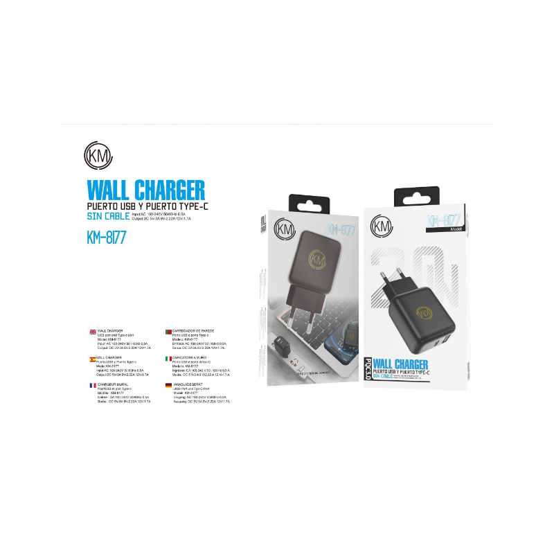 KM-8177 CARGADOR PARED 20W PUERTO_A+C SIN CABLE [NEGRO]
