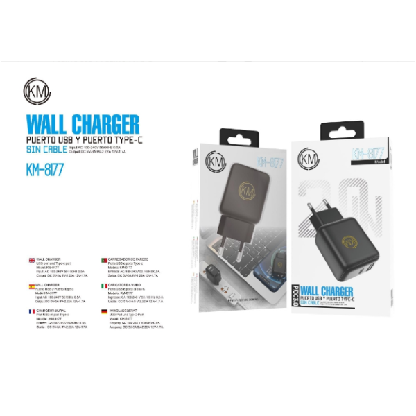 KM-8177 CARGADOR PARED 20W PUERTO_A+C SIN CABLE [NEGRO]