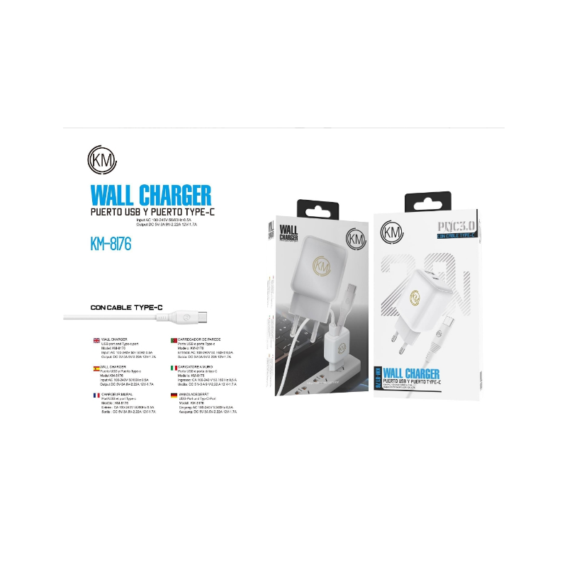KM-8176 CARGADOR PARED 20W PUERTO_A+C CABLE TYPE-C [BLANCO]