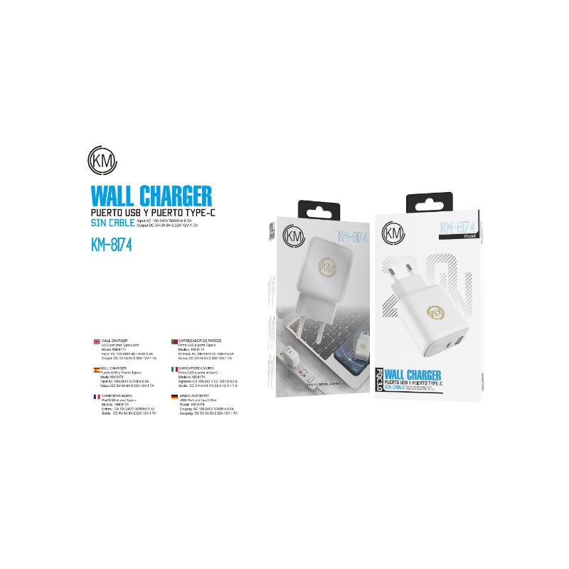 KM-8174 CARGADOR PARED 20W PUERTO_A+C SIN CABLE [BLANCO]