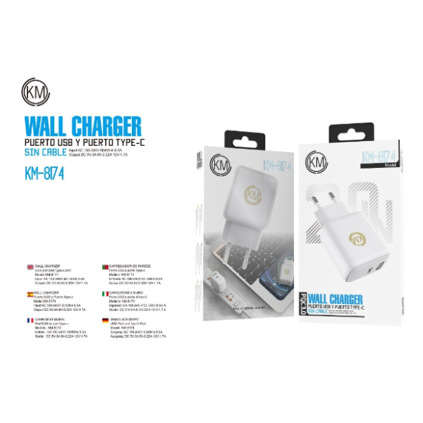KM-8174 CARGADOR PARED 20W PUERTO_A+C SIN CABLE [BLANCO]