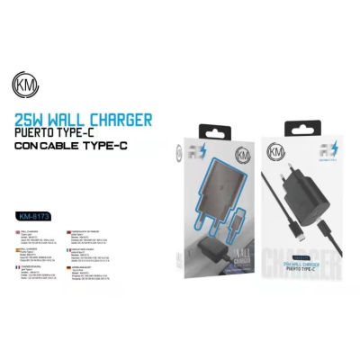 KM-8173 CARGADOR PARED 25W CABLE TYPE-C [NEGRO]