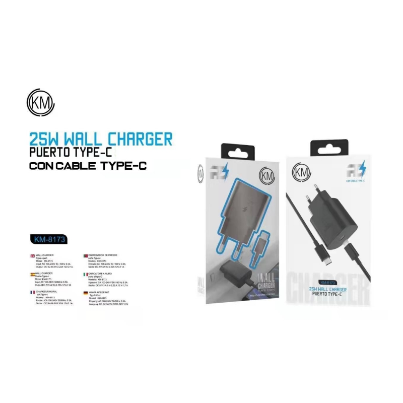 KM-8173 CARGADOR PARED 25W CABLE TYPE-C [NEGRO]