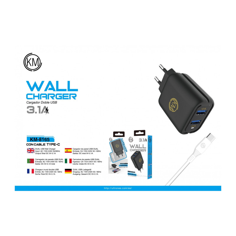 KM-8165 CARGADOR PARED 3.1A CABLE TYPE-C [NEGRO]