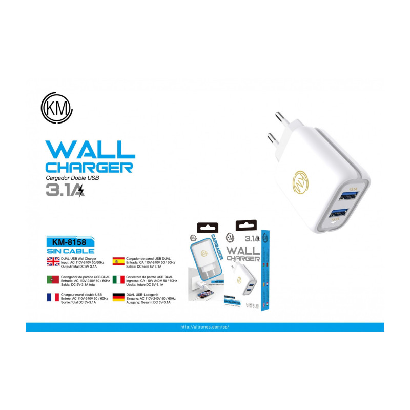 KM-8158 CARGADOR PARED 3.1A SIN CABLE [BLANCO]