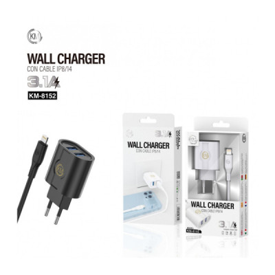 KM-8152 CARGADOR PARED 3.1A CABLE LIGHTNING [BLANCO]