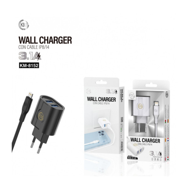 KM-8152 CARGADOR PARED 3.1A CABLE LIGHTNING [BLANCO]