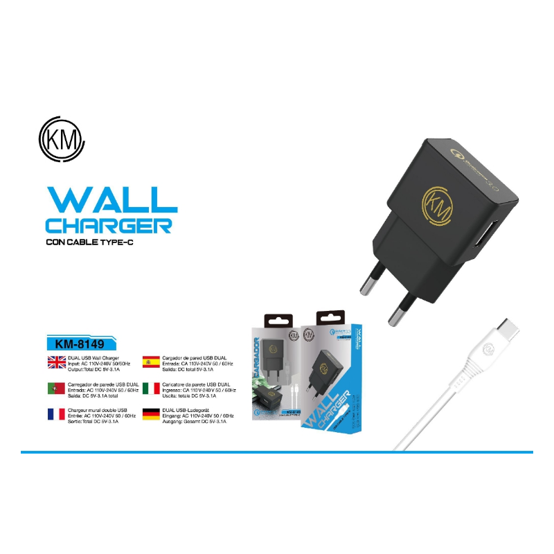 KM-8149 CARGADOR PARED CABLE TYPE-C [NEGRO]