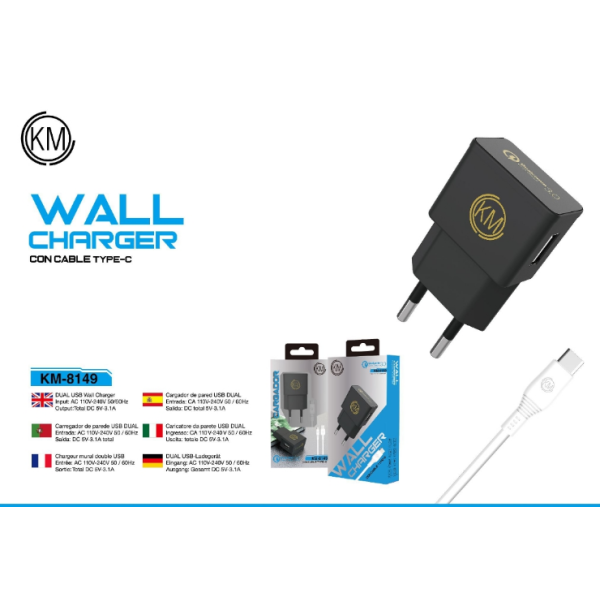 KM-8149 CARGADOR PARED CABLE TYPE-C [NEGRO]