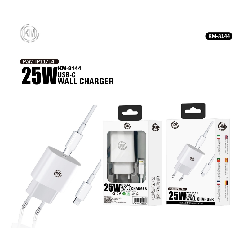 KM-8144 CARGADOR PARED 25W CABLE TYPE-C A LIGHTNING
