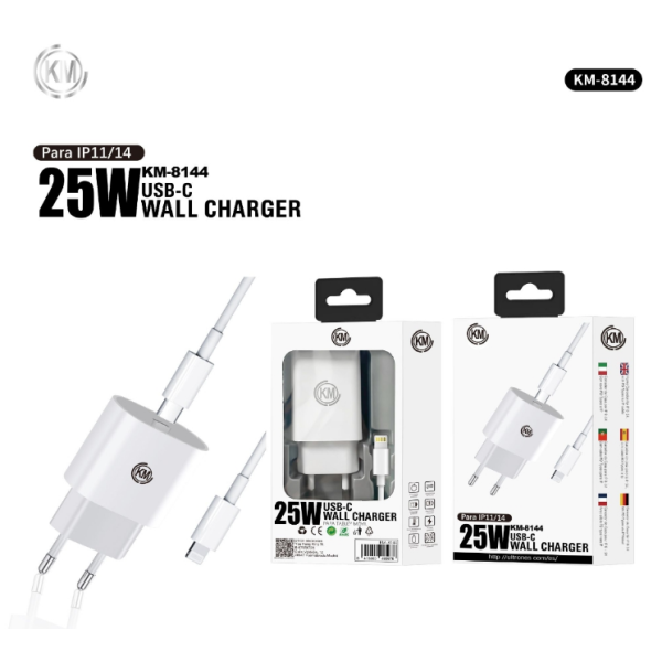 KM-8144 CARGADOR PARED 25W CABLE TYPE-C A LIGHTNING