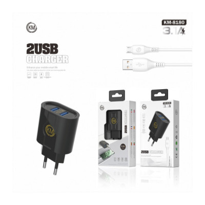 KM-8180 CARGADOR PARED 3.1A CABLE MICRO-USB