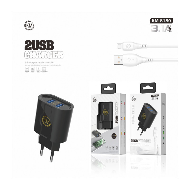 KM-8180 CARGADOR PARED 3.1A CABLE MICRO-USB
