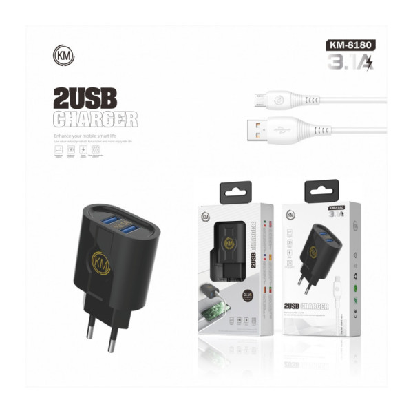 KM-8180 CARGADOR PARED 3.1A CABLE MICRO-USB