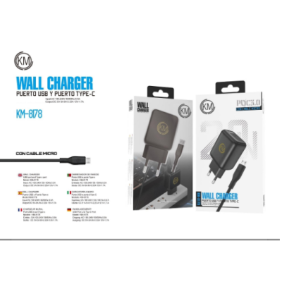 KM-8178 CARGADOR PARED 20W CABLE MICRO-USB [NEGRO]
