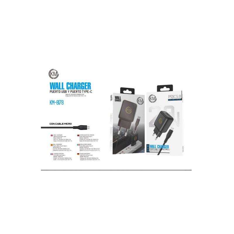 KM-8178 CARGADOR PARED 20W CABLE MICRO-USB [NEGRO]