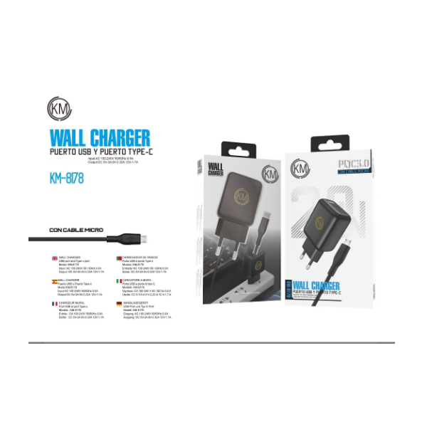 KM-8178 CARGADOR PARED 20W CABLE MICRO-USB [NEGRO]