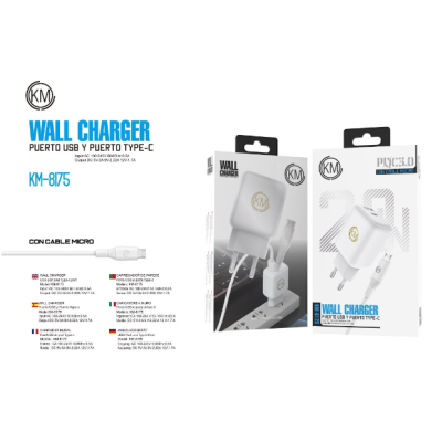 KM-8175 CARGADOR PARED 20W CABLE MICRO-USB [BLANCO]