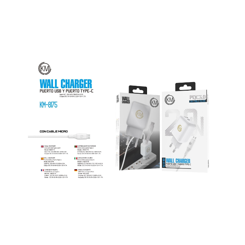 KM-8175 CARGADOR PARED 20W CABLE MICRO-USB [BLANCO]