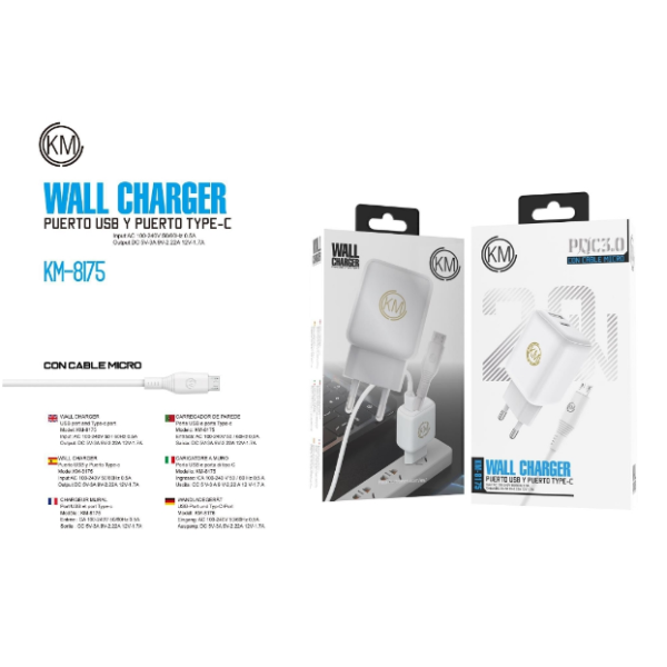 KM-8175 CARGADOR PARED 20W CABLE MICRO-USB [BLANCO]