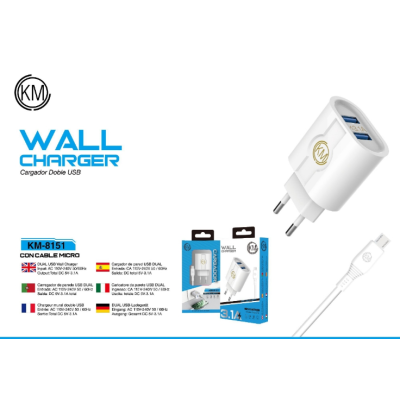 KM-8151 CARGADOR PARED 3.1A CABLE MICRO-USB [BLANCO]