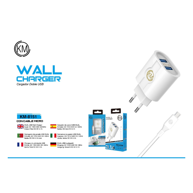 KM-8151 CARGADOR PARED 3.1A CABLE MICRO-USB [BLANCO]