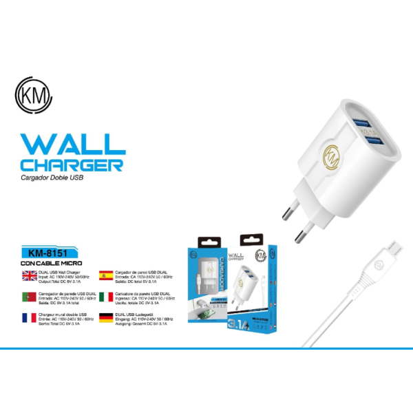 KM-8151 CARGADOR PARED 3.1A CABLE MICRO-USB [BLANCO]