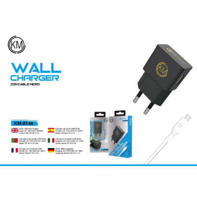 KM-8148 CARGADOR PARED CABLE MICRO-USB [NEGRO]