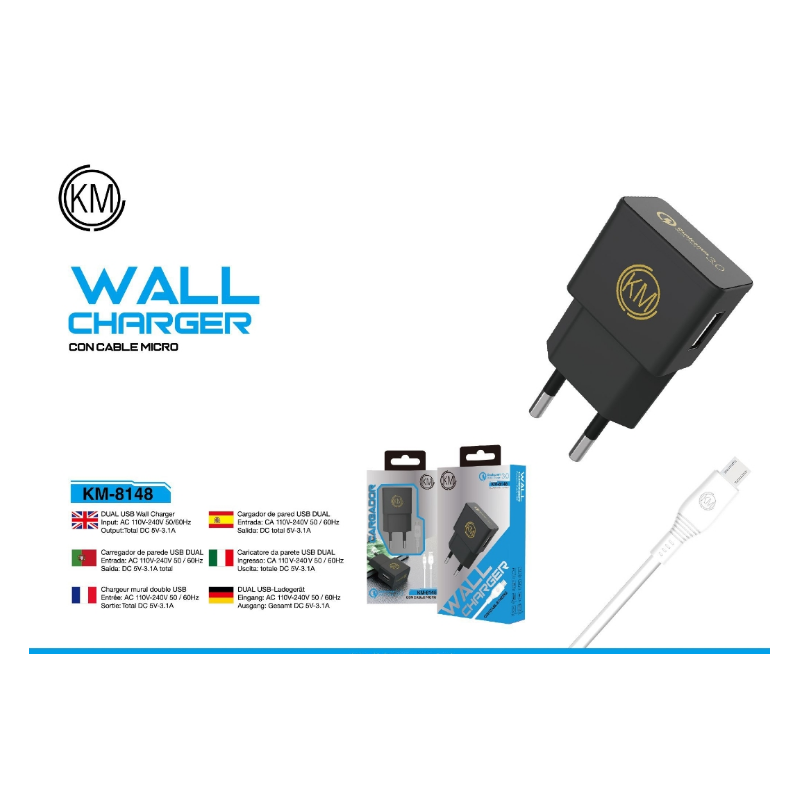 KM-8148 CARGADOR PARED CABLE MICRO-USB [NEGRO]
