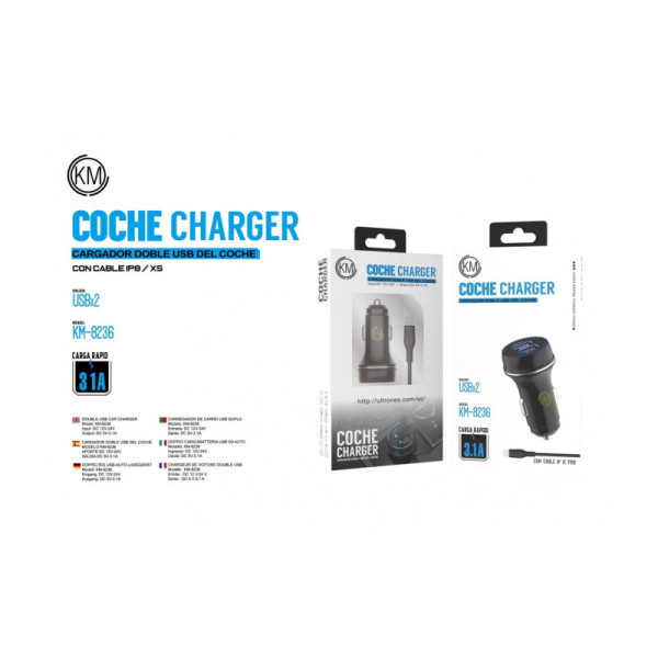 KM-8236 CARGADOR COCHE CABLE LIGHTNING [NEGRO]